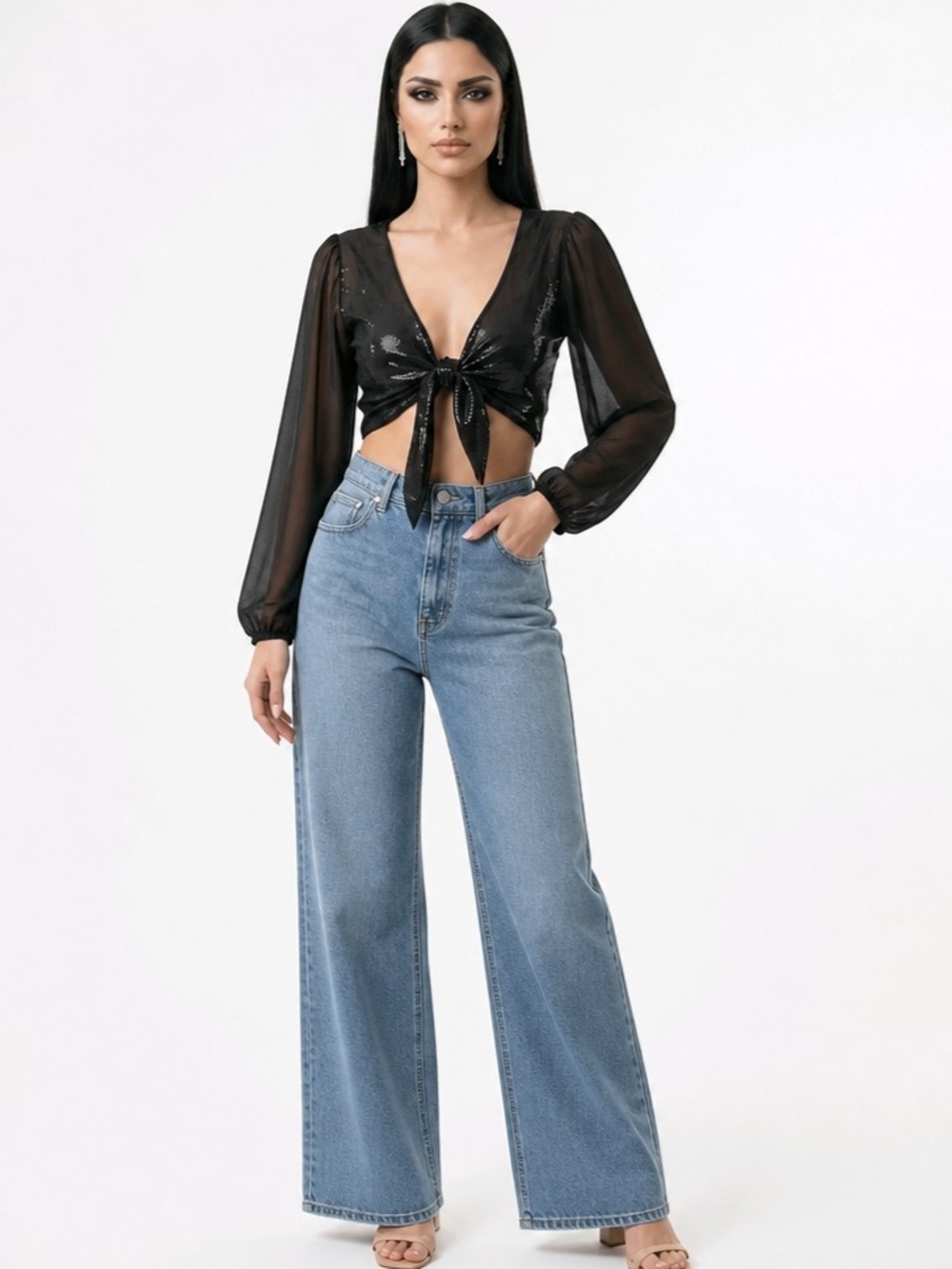 Madrag Long Sleeve Sequin Tie-Front Crop Top Size S